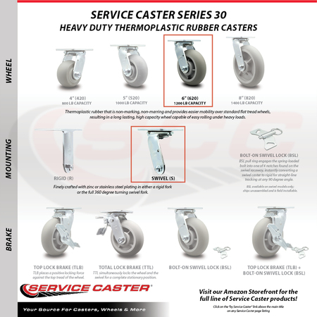 Service Caster 6 Inch SS Thermoplastic Rubber Caster Set with Roller Bearing 2 Swivel 2 Rigid SCC-SS30S620-TPRRD-2-R-2